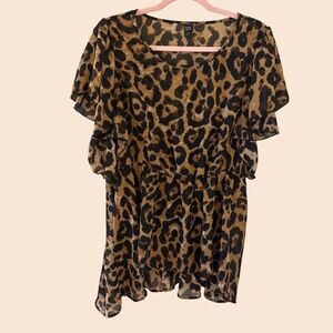 Emery Rose Leopard Print Flutter Sleeve Sheer Tunic Top Size 2XL
